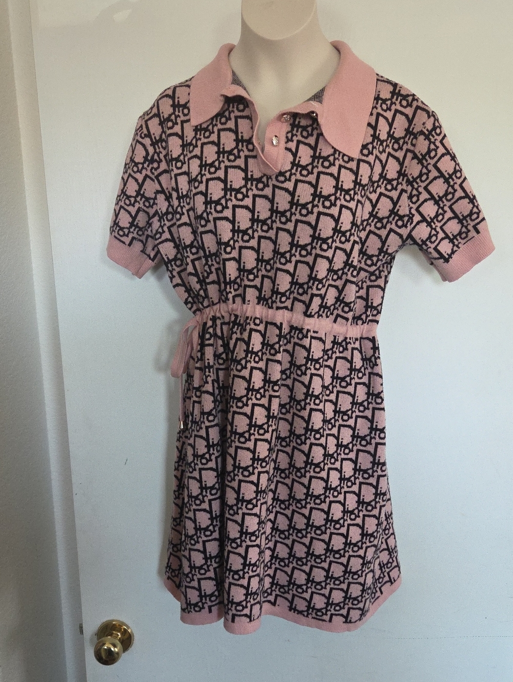 Girls Pink Knit Polo Dress with All-Over Logo Motif